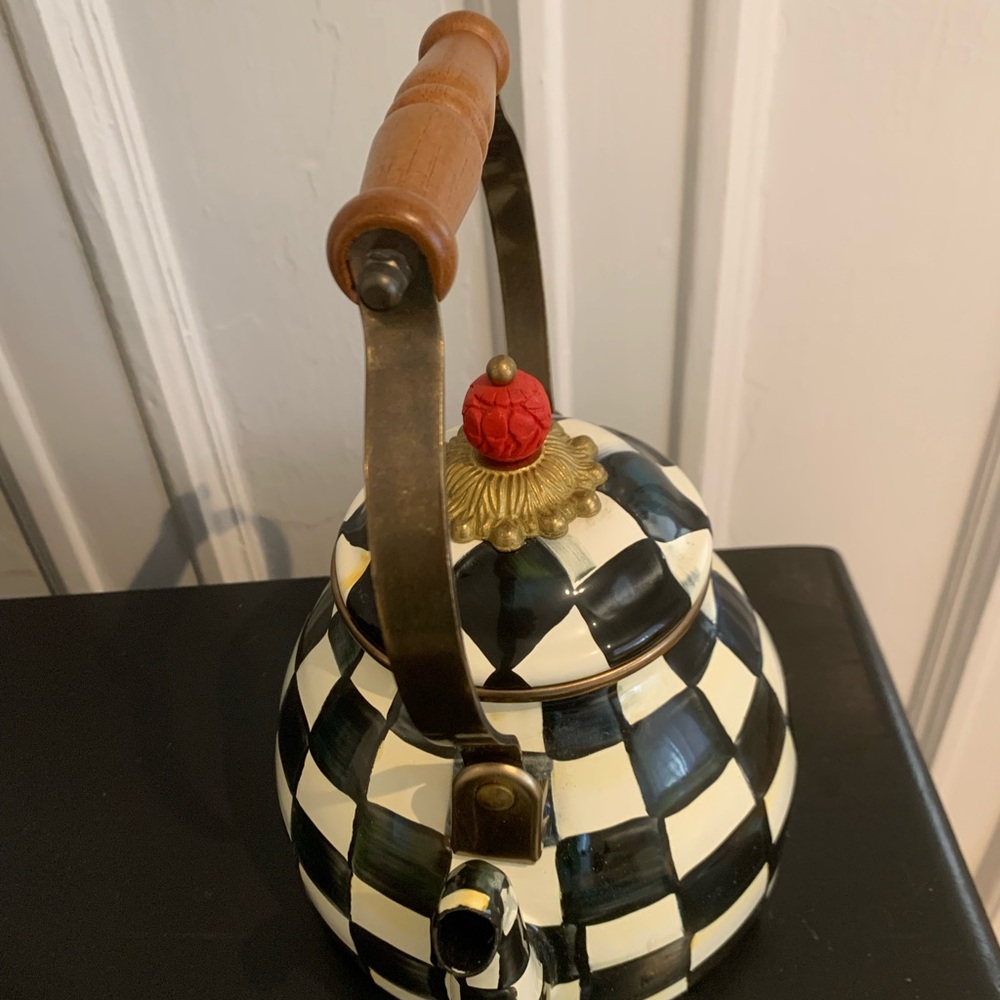 MacKenzie-Childs Black and Cream Checkered Teapot with Red Finial - Picture 3 of 4